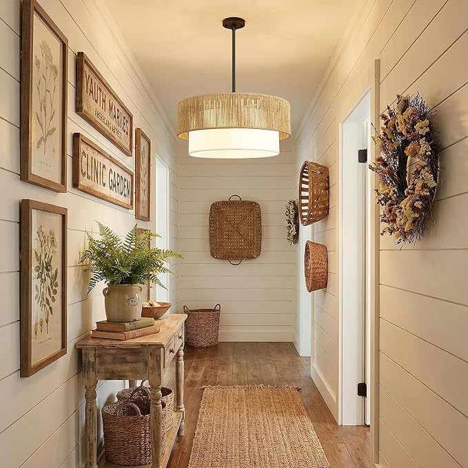 9"-52" Height Adjustable Farmhouse Chandelier Light Fixture, 5-Light Rattan Boho Chandeliers for Dining Room, Hand Woven Pendant Light with Linen Shade, Rustic Hanging Lighting for Kitchen Island