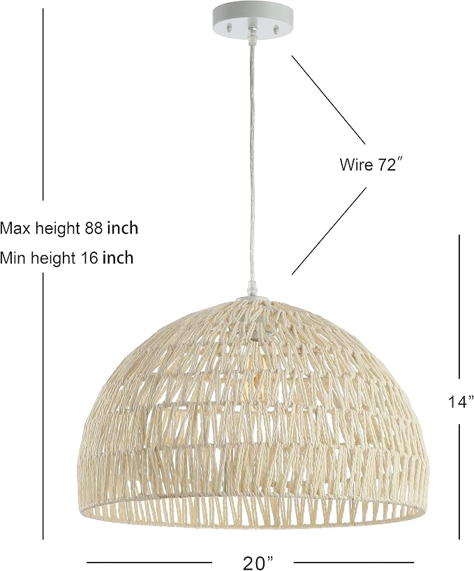 JONATHAN Y Campana 1-Light Pendant Dome Ceiling Lamp, 20", Cream | Modern Coastal Farmhouse Decor, Adjustable Height, Woven Rope Metal Frame, LED Bulb Included, UL Listed