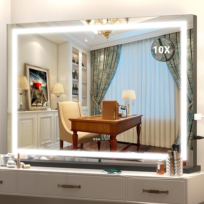 Hasipu Vanity Mirror with Lights, 32" x 22" LED Makeup Mirror, Lighted Makeup Mirror with Dimmable 3 Modes, Touch Screen Control Vanity Mirror Square Black