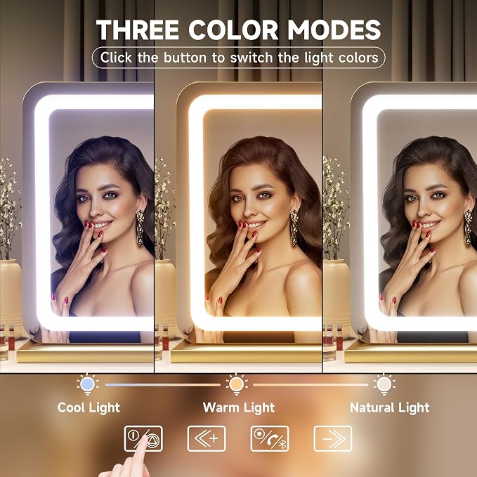 Hasipu Vanity Mirror with Lights and Bluetooth Speaker, 32" x 21.7" LED Makeup Mirror, Lighted Makeup Mirror with Dimmable 3 Modes, USB Charging Port, Round Gold