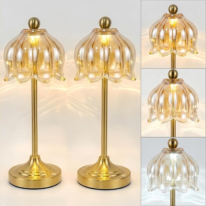 Set of 2 Vintage Cordless Amber Glass Tulip Table Lamps, Accent Light