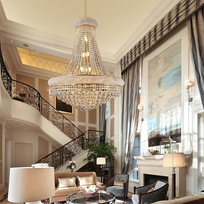 28" W 15 Light Luxury Foyer Chandeliers, Unique Empire K9 Crystal Chandelier for High Ceiling Foyer Entryway Living Room (Gold)