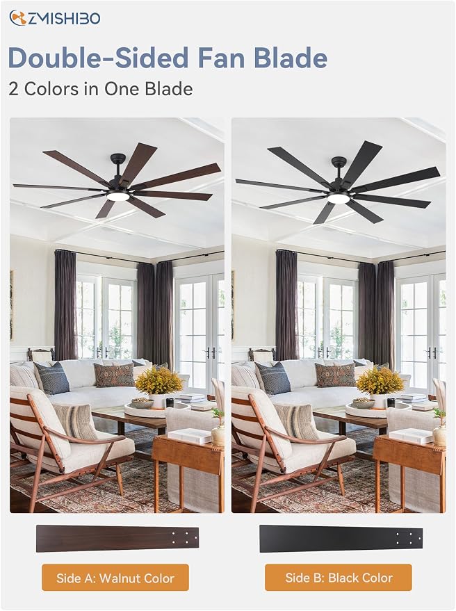 ZMISHIBO 72" Ceiling Fans with Lights for Patio, Living Room, Remote | High CFM Powerful Airflow, Quiet DC Motor, 24W 3 CCT LED, Indoor/Covered Outdoor, Dual-Finish, Damp Rated, Black