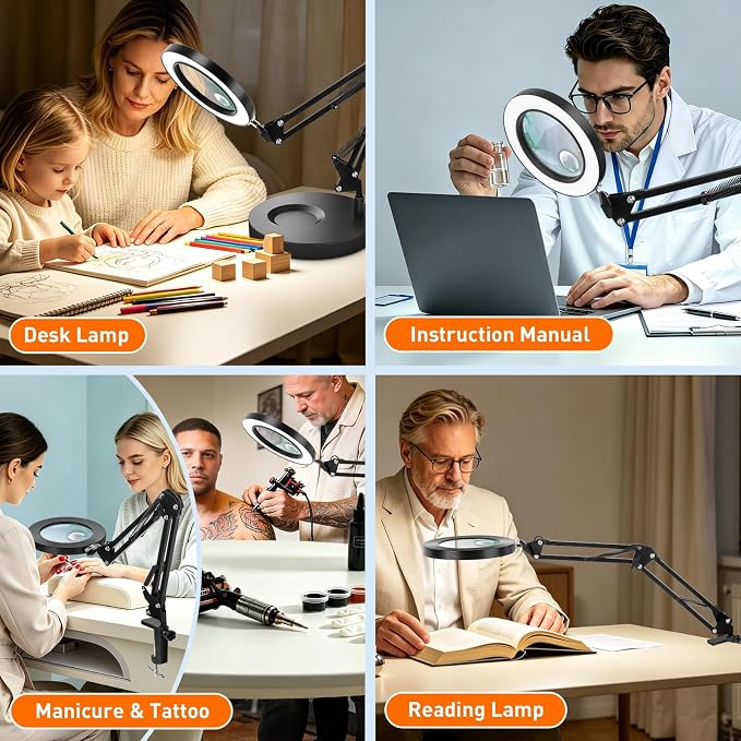 KIRKAS 12X 30X Magnifying Glass with Light and Stand, 2 in 1 LED Desk Lamp | 10 Level Dimmable 3 Color Modes, Lighted Magnifier with Light for Repair, Craft, Sewing, Reading, Close Work - Black