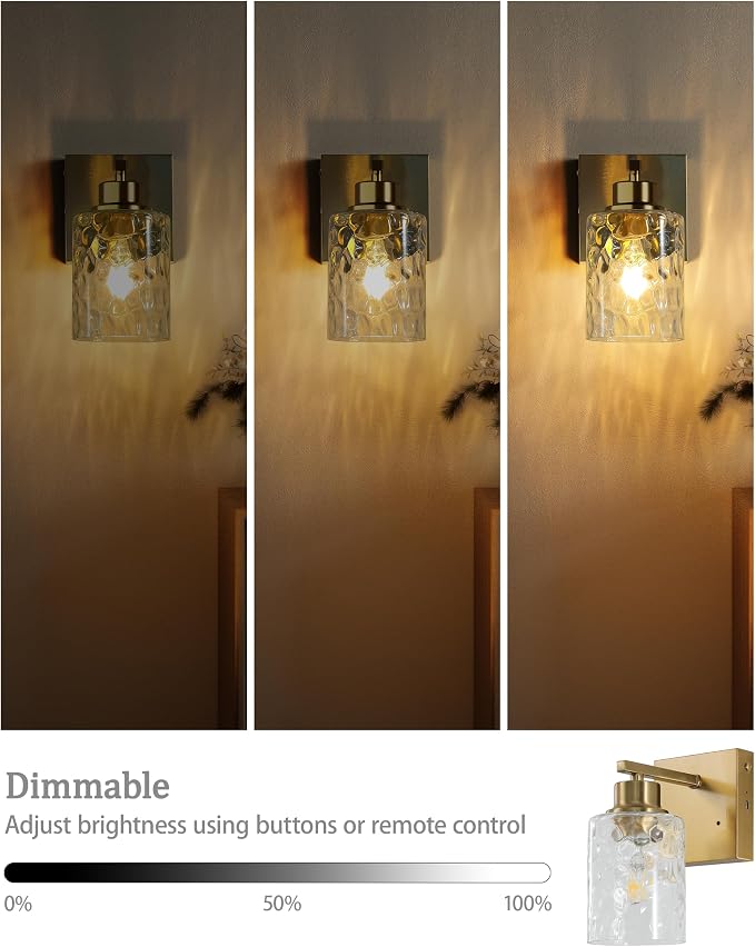 Hammered Glass Wireless Battery Operated Wall Sconces Set of Two Gold | Dimmable Rechargeable Wall Lights with Remote Timer, Easy Install Lamp for Living Room Bedroom, Emergency 3000K