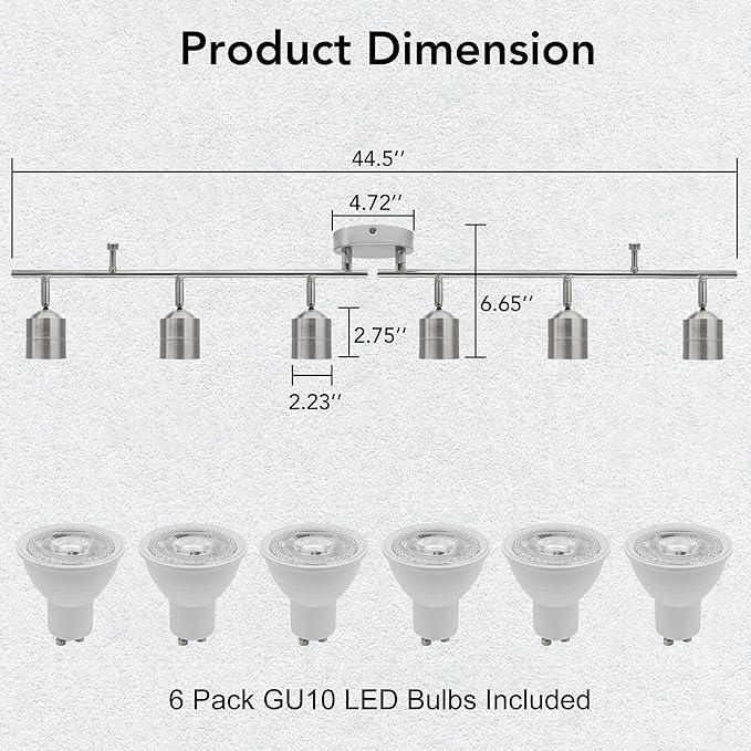 6-Light Brushed Nickel Track Lighting Kit with GU10 LED Bulbs - 44.5” Adjustable Ceiling Spotlight Fixture, 270° Swivel & 90° Tilt for Kitchen, Living Room, Dining Room, Gallery Display