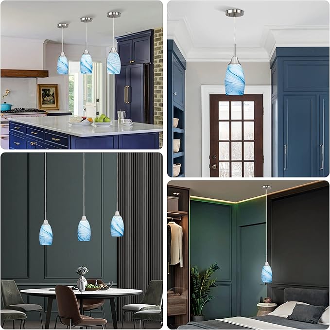 Viinew Mini Glass Pendant Light,1-Pack Blue Marble Glass Pendant Lights | Handblown Blue Marble Oval Art Glass Lamp Ceiling Hanging Light 4.72" Small Chandelier for Dining Room Kitchen