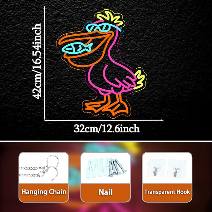 Pelican Neon Sign with Dimmer Switch,Colorful Led Pelican Sign Fish Neon Light for Zoo Bedroom Bar Club Kindergarten(16.54 * 12.6In)