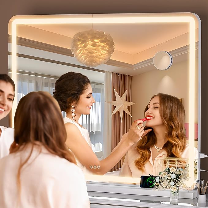 Hasipu Vanity Mirror with Lights, 37.4" x 26" LED Makeup Mirror, Lighted Makeup Mirror with Dimmable 3 Modes, Touch Screen Control Vanity Mirror Round White