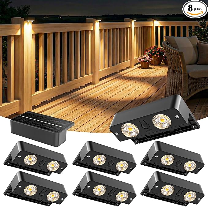 Bridika Solar Fence Lights Outdoor 8 Pack, Bright Solar Deck Lights with Lens, 3 Color Modes IP65 Waterproof Large Size Step Lights for Outside, Fence, Stair, Backyard, Patio, Wall