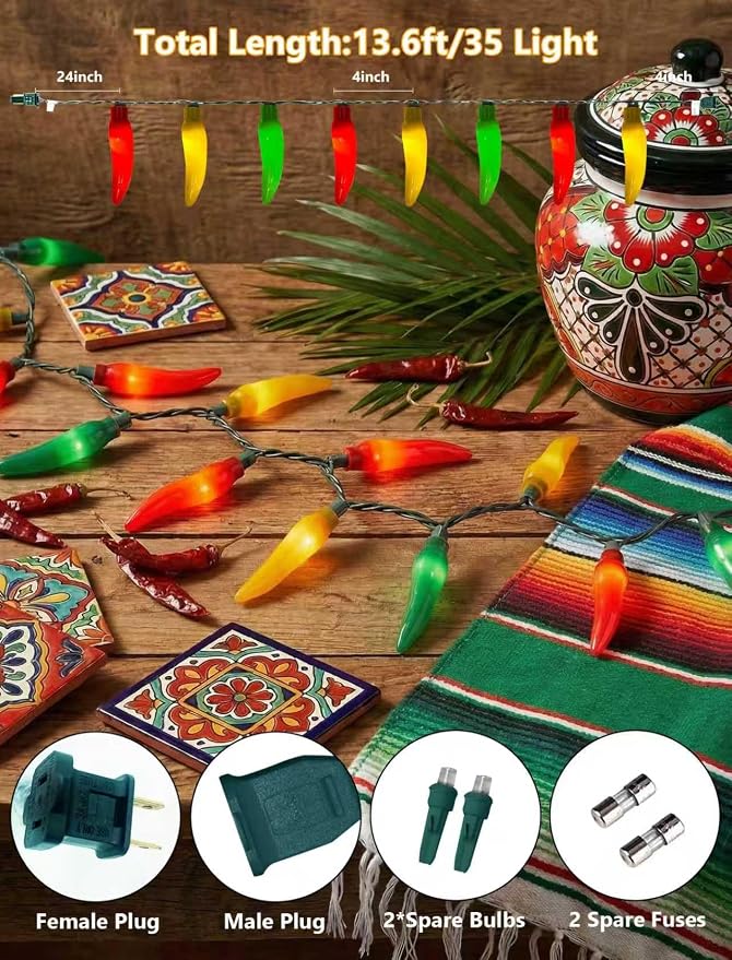 35 LED Chili Pepper Christmas Lights, 13.6Ft Camping String Lights | Multicolor, Plug in, Shatterproof, Connectable, Indoor Fairy Lights for Cook Off, Outdoor Patio Summer Decor, Green Wire