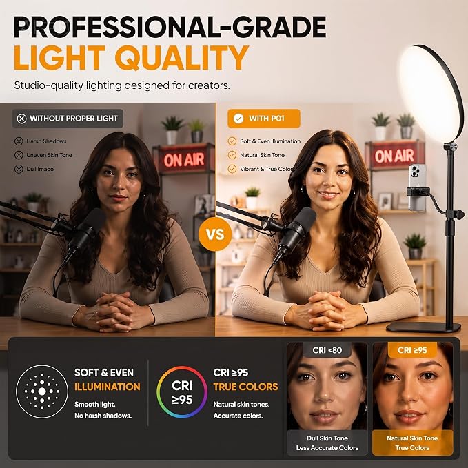 10" Full-Panel Desk Ring Light with Stand & Flexible Phone Holder, 24W 1100LM Light for Video Recording, 5 Color Modes up to 6500K, CRI 95+ for Computer, Podcast, Streaming, Zoom & Video Calls