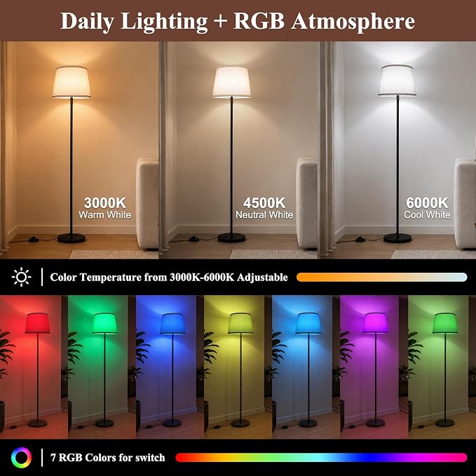 Ascher 2000LM Super Bright Floor Lamp, 18W LED Standing Lamp with 3000K-6000K & 7 RGB Colors, Remote & Foot Control, Dimmable Tall Lamp for Living Room Bedroom Office (Beige Flaxen Shade)
