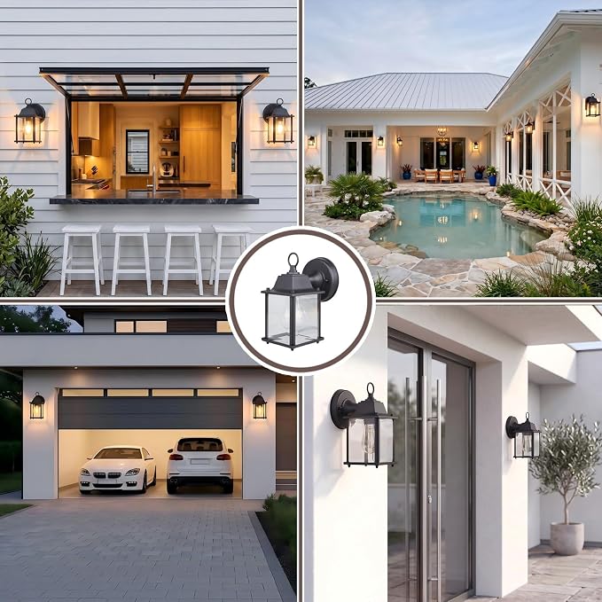 Outdoor Light Fixture, Classic Die-Cast Aluminum & Tempered Glass Porch Light for House, E26 Base (60W Max) Waterproof Wall Lantern for Front Door Garage Garden, ETL Qualified, Black, 1 Pack