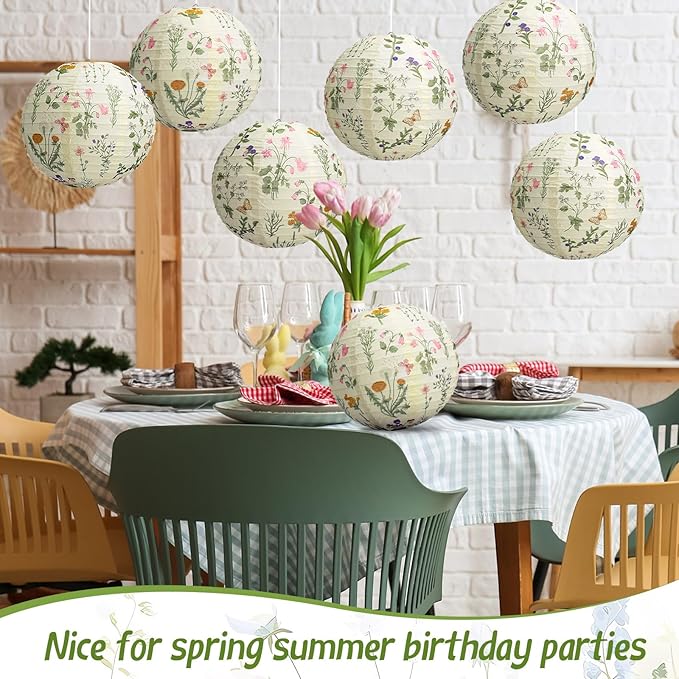 Honoson 12 Pcs Floral Paper Lanterns Tea Party Decorations Flower Wildflower Butterfly Spring Birthday Party Decoration Flower 10 Inch Hanging Round Paper Lantern for Wedding Bridal Shower Baby Shower