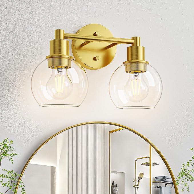 2 Light Bathroom Light Fixtures, Brushed Brass Bathroom Vanity Lights, Modern Vanity Lights 2-Light Globe Bathroom Vanity Lighting Fixture Over Mirror