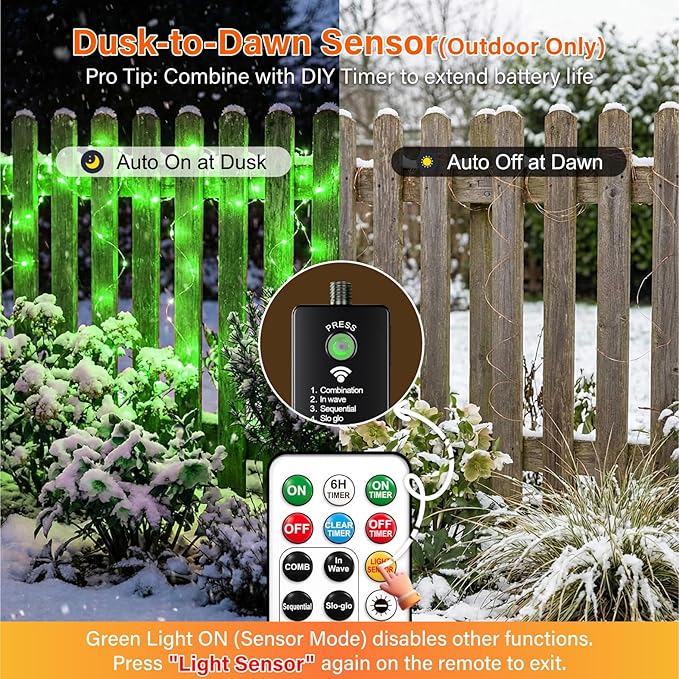 ZSJWL Rechargeable Fairy Lights with Remote，66ft 200 LED Outdoor Battery String Lights with DIY Timer & Light Sensor, Waterproof Dimmable Twinkle Light for Tree Christmas Indoor, Green