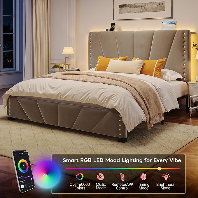 EnHomee Queen Bed Frame with LED Lights & USB, Noise-Free, Grey | Adjustable Velvet Headboard，Under-Bed Storage，Heavy Duty Support with 12 Slats，No Box Spring Needed，Easy Assembly for Bedroom