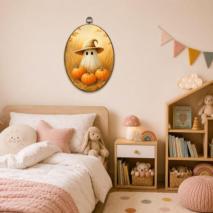 Straw Hat Ghost Oval Wall Art, Framed Canvas Decor, 8.5x11.5 Inch | Cute ghost with straw hat, pumpkins, golden wheat field and cozy fall decor