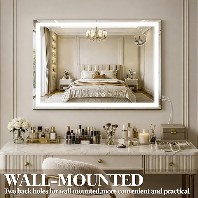 FENNIO Large Vanity Mirror with Lights，35.5" x 27" LED Makeup Mirror，Hollywood Mirror with 3 Color Modes & Adjustable Brightness，Vanity Mirror Square Gold