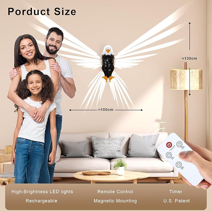 Bald Eagle Wall Light with Remote Control - Magnetic Mounted American Eagle Lamp, Battery Operated and Removable Charging for Indoors