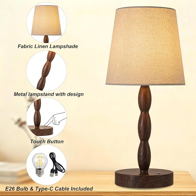Rechargeable Cordless Table Lamp, 5000mAh Battery Powered Touch Desk Lamp, 3-Level & Stepless Dimmable Night Light, Portable Bedside Lamp for Bedroom, Outdoor, Bulb Included, Walnut Grain