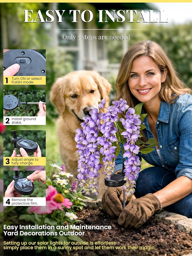 GIGALUMI 6 Pack Solar Wisteria Flowers Outdoor, 2 Modes, Multicolored | Flower Lights, IP65 Waterproof, Auto On/Off, Solar Powered, Garden Decor, for Pathway, Yard, Patio, Gardening Gifts for Women