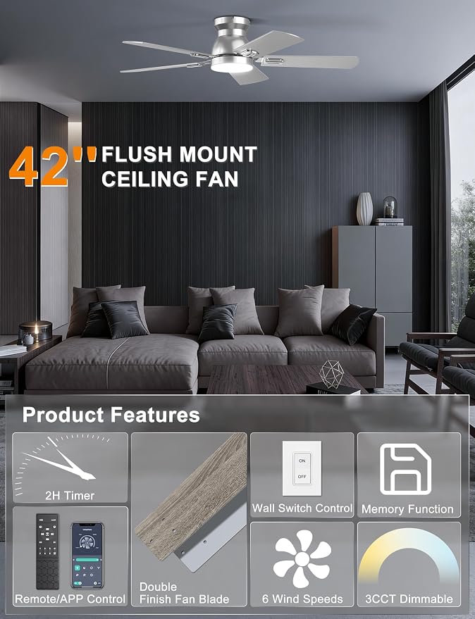 Ohniyou 42'' Silver Low Profile Ceiling Fan with Lights, Remote/APP Control | Flush Mount, Dimmable 3CCT LED, Quiet DC Motor; Memory Function, 4775 CFM, Small Ceiling Fan for Indoor Bedroom Kitchen