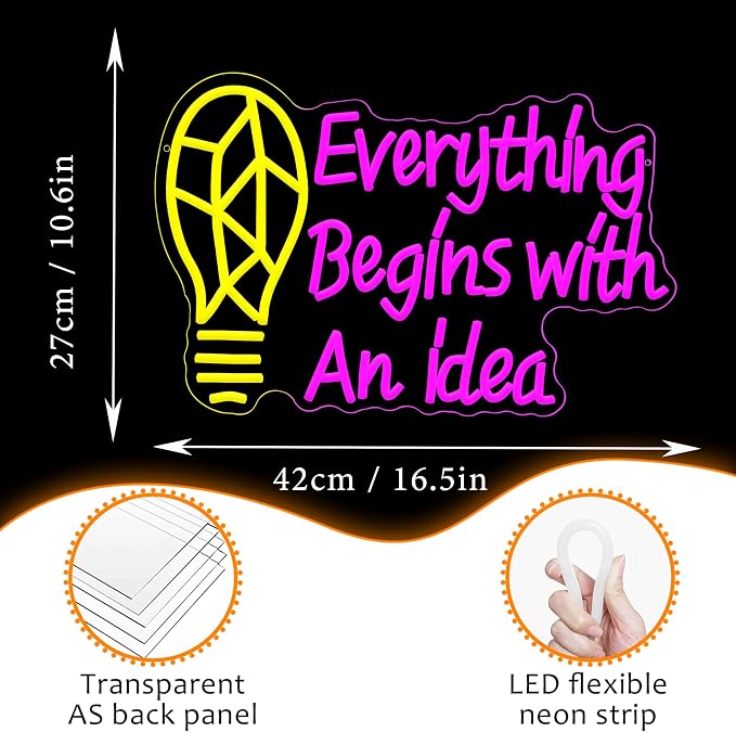 LISIGNVE Inspirational Light Bulb Neon Sign Everything Begins With An Idea LED Neon Light Wall Art for Classroom Creative Room Office Bedroom Cafe Motivational Gift for Student Entrepreneurs Writers Artists