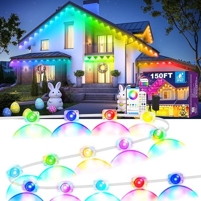 MUCCCUTE Permanent Outdoor Lights for Valentines150ft RGB + IC Eaves Lights with App & Remote Control, Outdoor String LED IP67 Waterproof for Holidays New Year July 4th Roof Eaves House Garden Decor