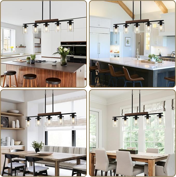 36.2‘’ Kitchen Lighting, 5-Light Dining Room Light Fixture Chandelier Over Table, Black Modern Rustic Wood Ceiling Pendant Light Fixtures, with Clear Glass Shade, Farmhouse Chandelier | 5-Light, Modern Rustic Wood Frame, Adjustable Height, Clear Glass ...