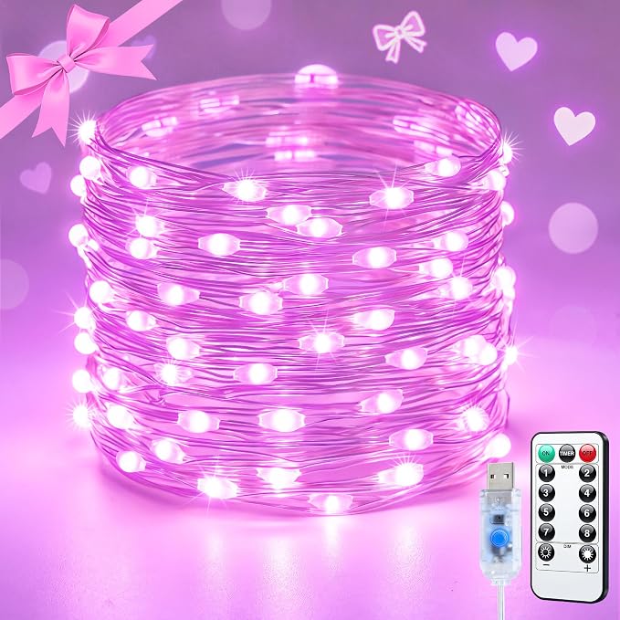 JMEXSUSS Pink Fairy Lights Plug in, 33ft 100 LED Pink String Lights Indoor | Pink Twinkle Lights for Kawaii Gaming Girl Setup, Dorm Birthday Decor, Aesthetic Room Decor for Teen Girls,Gift for Her