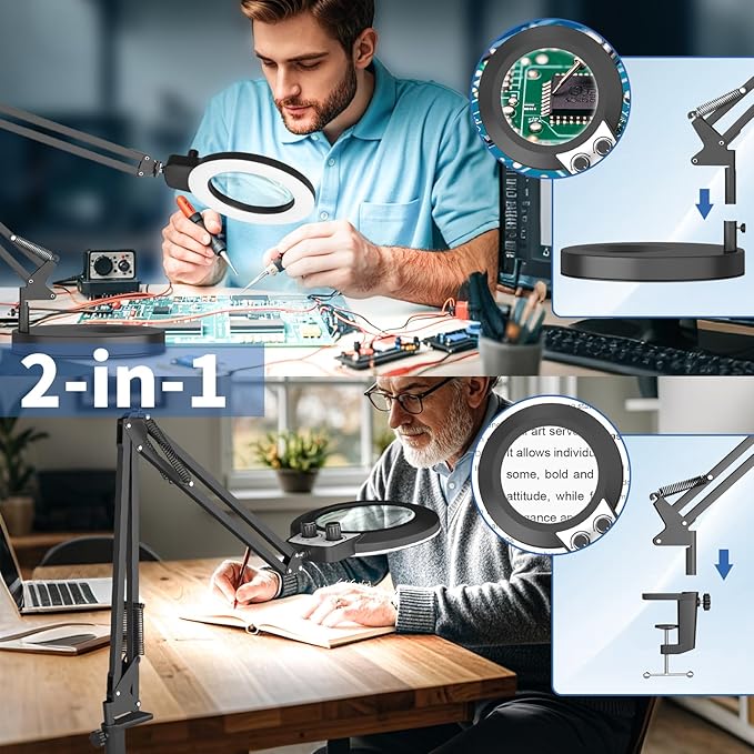 HITTI 12X Magnifying Glass with Light Hands Free, 2026 New Upgrade Infinite Color and Brightness Magnifying Desk Lamp & Clamp, 2-in-1 LED Lighted Magnifier Stand for Craft Reading Hobby Close Work