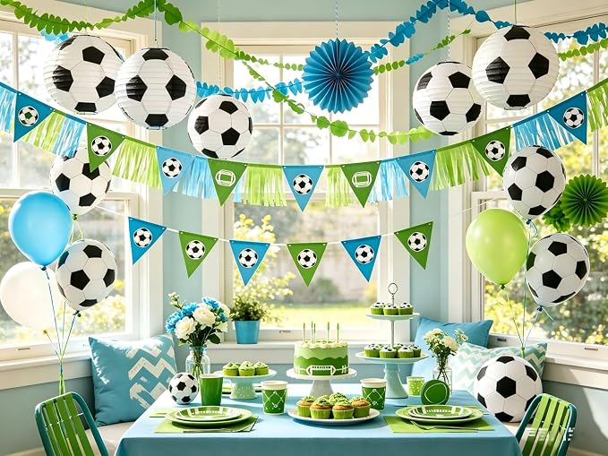 ZOOYOO Soccer Paper Lanterns, 8 Pack Sports Themed Hanging Lanterns for Soccer Birthday Party,Match Day Decorations,Classroom and Nursery Decor, 8 and 10 Inch Round Black and White Lanterns