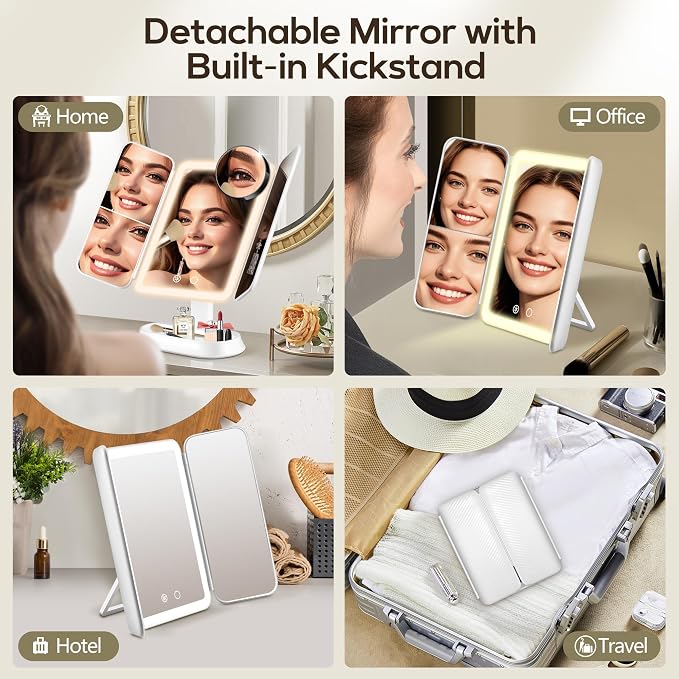 Makeup Mirror with Lights and 30X/10X/5X Magnification, Vanity Mirror with 3 Color Lights, Rechargeable, Detachable, Lighted Makeup Mirror with Magnification, Trifold Mirror, Gifts for Women