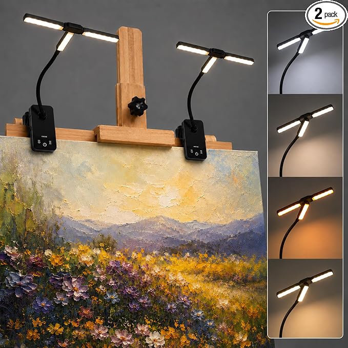 2 Pack Clip-On Easel Light, Rechargeable Artist Lamp for Painting | Flexible Arm Reading Light with 4 Color Modes & 3 Brightness, Music Stand Light, for Piano Bed Reading Desk Puzzle