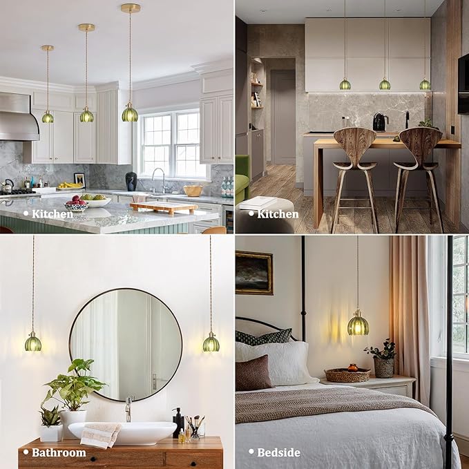 Pendant Light with Green Tulip Glass Lmapshade, Brass Vintage Pendant Light Adjustable Hanging Light for Kitchen Island Dining Room Hallway