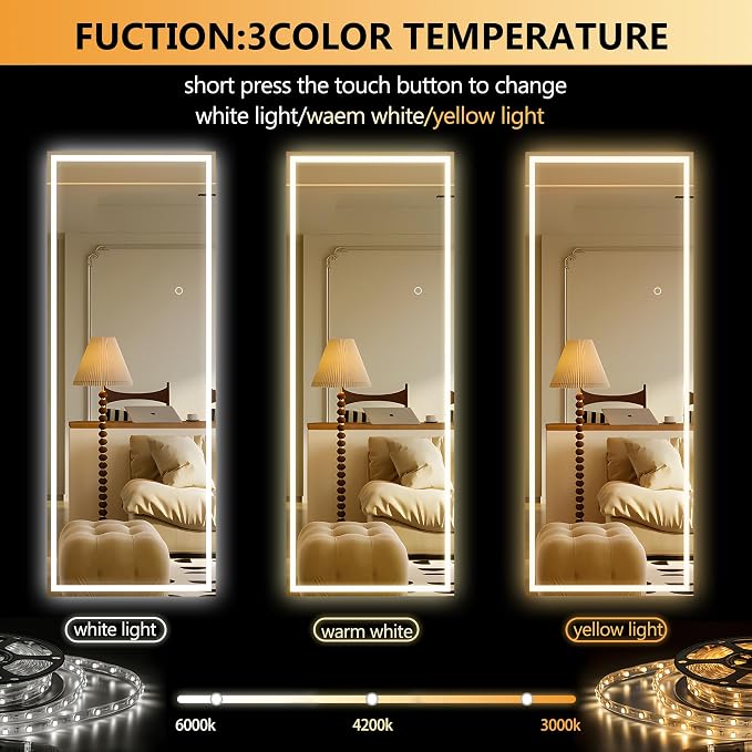 Hasipu Full Length Mirror with Lights, 56" x 18" LED Lighted Floor Standing, Full Body Dressing Hanging Mounted Mirror, Tempered Glass, Square White