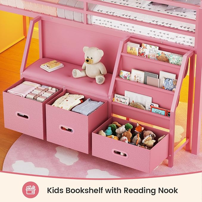 ADORNEVE Low Loft Bed Twin Size with Bookshelf, Reading Nook & 3 Drawers | Kids Loft Bed, LED, Storage Drawers, Beside Box, Under-Bed Play Space,Safety Guardrail, Inclined Ladde, Play Curtain, Pink