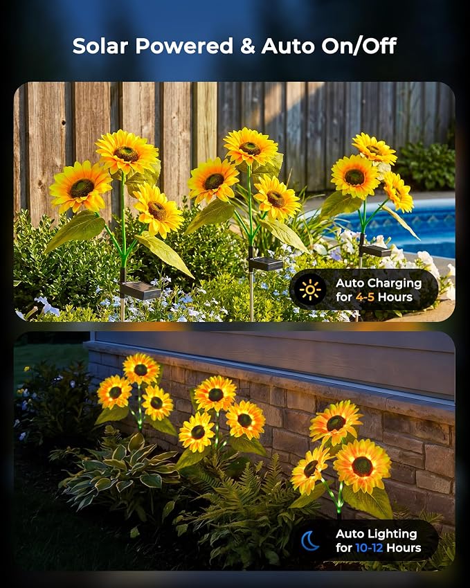 Brightown 3 Pack 3 Head Solar Sunflower Garden Stake Lights Waterproof | 9 glowing stem sunflowers, waterproof solar powered, auto on off decorative stakes for yard, patio, lawn outdoor decoration
