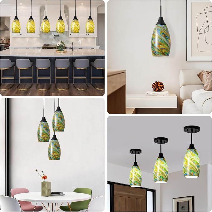 Viinew Mini Glass Pendant Light 4.72" Colorful Oval Pendant Lights | 1-Pack Handblown Art Glass Hanging Pendant Light for Kitchen Island Dining Room Living Hallway Black Metal