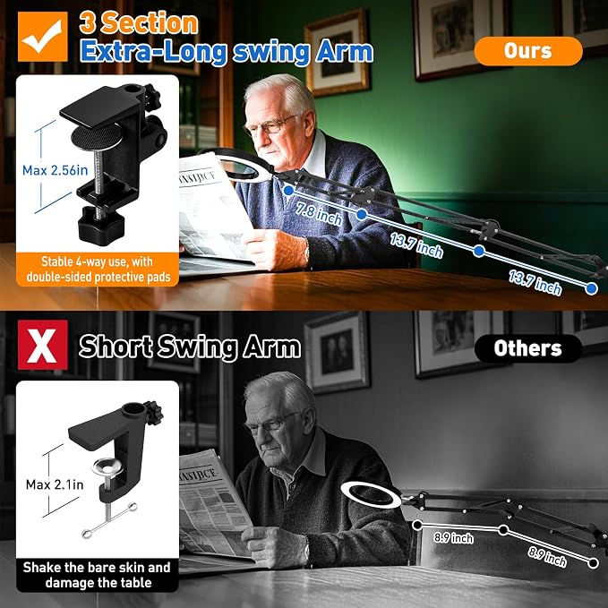 Ultra Long 3-Section Swing Arm 12X Magnifying Glass with Light-Black | 4-Way Large Metal Clamp, 5 Color Modes LED, 35.2Inch Lighted Magnifier Lamp for Workbench Crafting Hobby Soldering Sewing