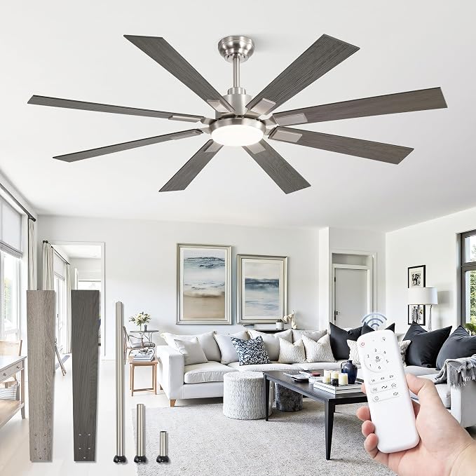 ZMISHIBO 62” Modern Ceiling Fan with Light, Remote Control, Brushed Nickel | High CFM Powerful Airflow, Quiet DC Motor, 24W 3 CCT LED, Indoor/Covered Outdoor, Dual-Finish, Damp Rated