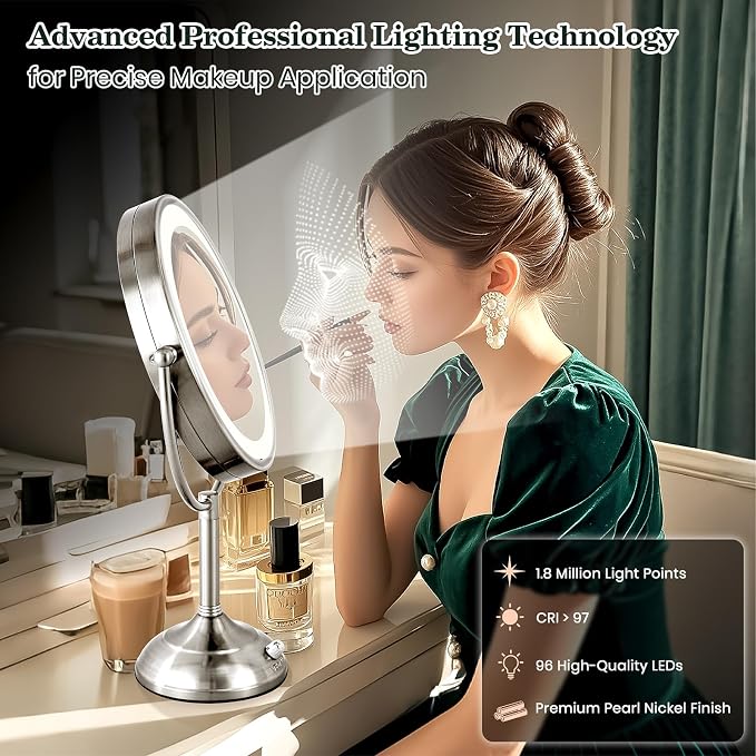 11.8" Extra Large 17" Tall Lighted Makeup Mirror, 1X/5X/10X 3-Sided Magnifying Mirror with 96 LEDs, 3 Color Dimmable Lights, 360° Swivel Dual Power Vanity Mirror, Nickel Finish Luxury Gift Box