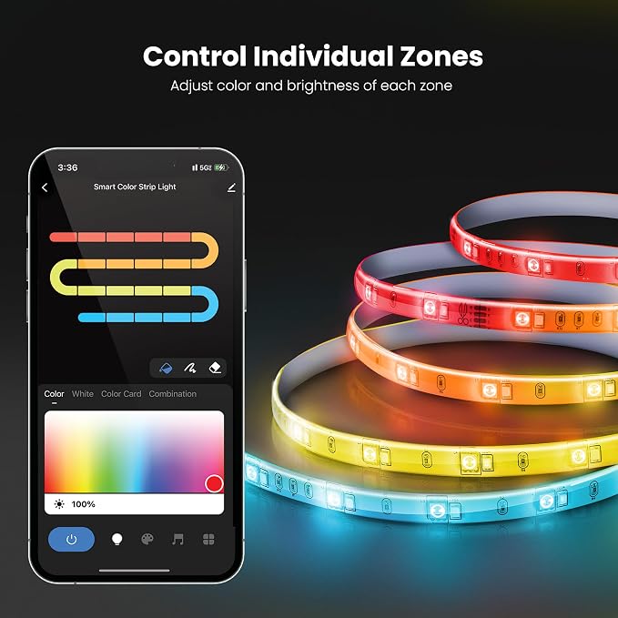 Feit Electric 10FT Smart Chasing LED Strip Light, RGB Color-Changing + Tunable White, Wi-Fi App & Remote Control, Alexa & Google Home, Linkable, Cuttable, Indoor/Outdoor, TAPE10/CHASE/AG