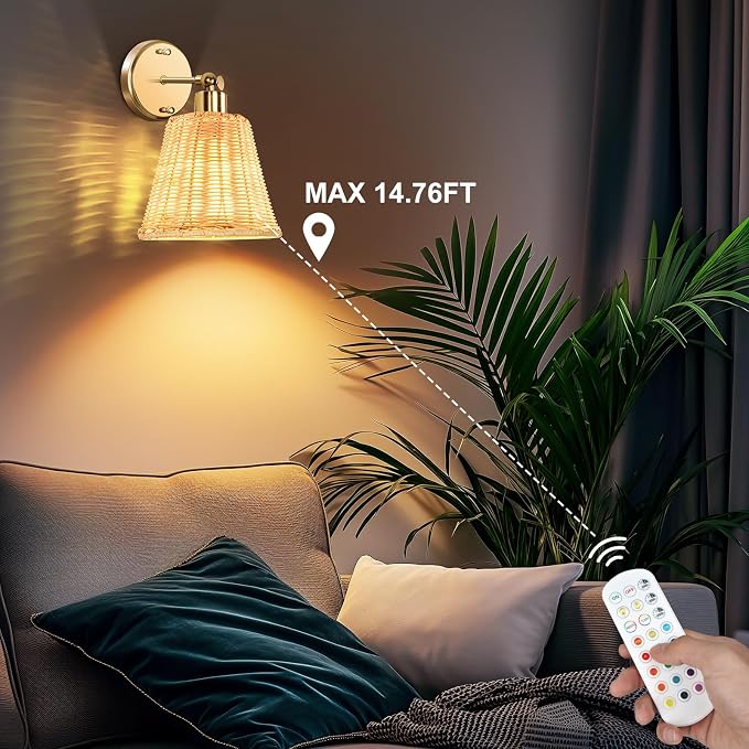 Frideko Rattan Rechargeable Wall Sconces Set of Two with Remote, RGB 15 Colors Dimmable Battery Operated Wall Lights, Indoor Wireless Wall Lamp with 3 Timer, Farmhouse Boho Sconce Light for Bedroom