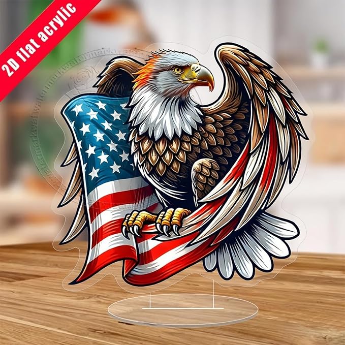4th of July Desktop Decorative Acrylic USA Flag Eagle Ornaments Decoration 2D Flat Statue Desk Ornament Independence Day Ornaments for Home Desk Dining Table Bookshelf Decorations