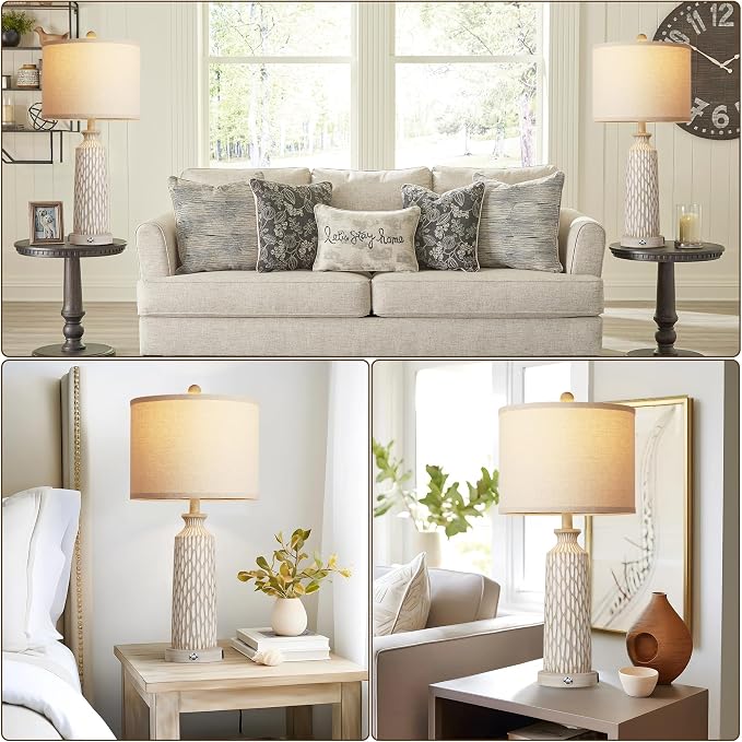 QiMH 26" Lamps for Bedroom, Farmhouse Table Lamp Set of 2, Off-White | USB A+C Charging Ports, Touch Control 3-Way Dimmable, Modern Resin Bedside Lamps for Living Room, 2700K LED Bulbs Included