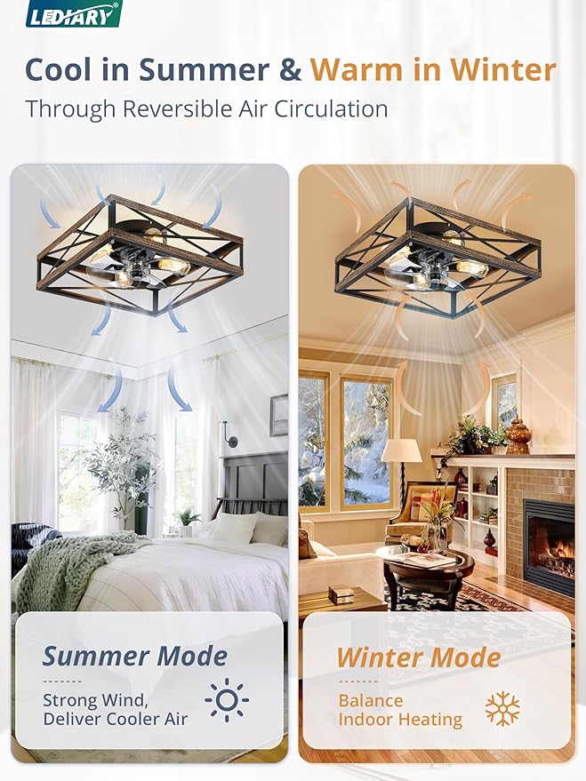 LEDIARY 20” Caged Flush Mount Ceiling Fans with Lights and Remote, Rustic Square Low Profile Ceiling Fan, 6 Speed and Reversible, Small Farmhouse Bladeless Ceiling Fan for Bedroom, Kitchen,Dining Room