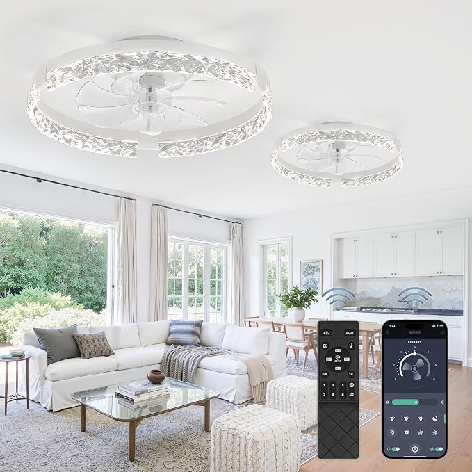 LEDIARY 2 Pack 20" Modern Ceiling Fans with Lights and Remote, White | Fandelier, Dimmable Low Profile, Flush Mount, Stepless Color Temperature Change, 6 Speeds, Bedroom, Living Room, Kitchen